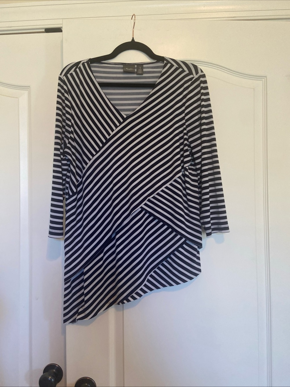 Chico's Navy & White Asymmetrical Striped Wrap Top